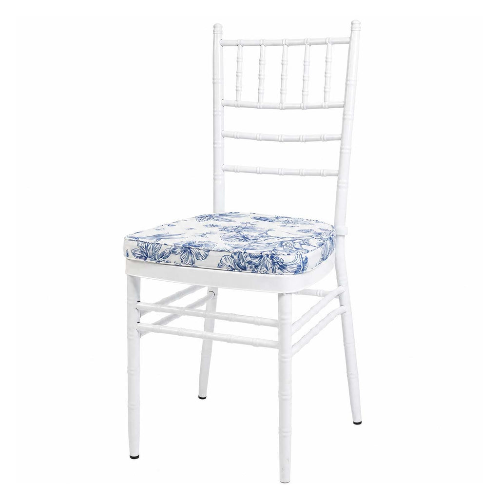 French Toile Ballroom Chair Pad White/Blue 1.5" Thick Memory Foam Seat Cushion with Ties, Removable Cover & Non-Slip