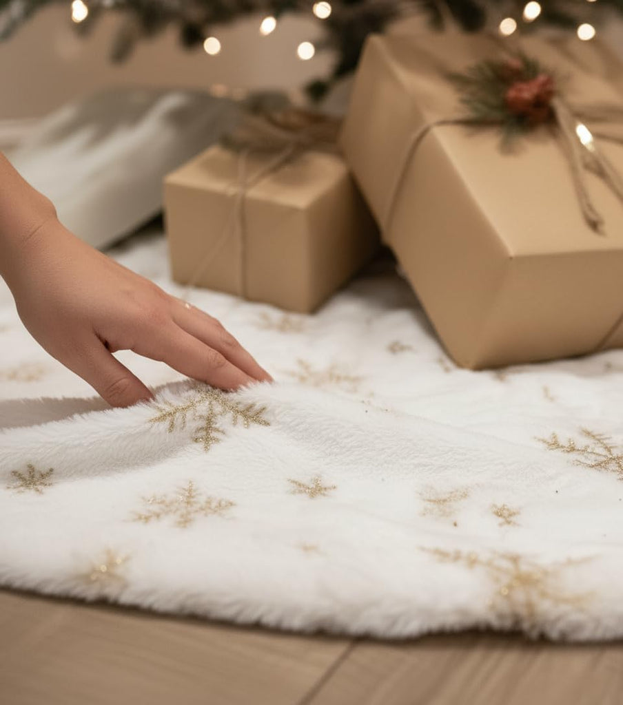 60 Inch Sequin Faux Fur Christmas Tree Skirt Decoration for Merry Christmas Party White Plush Silver Sequin Snowflake
