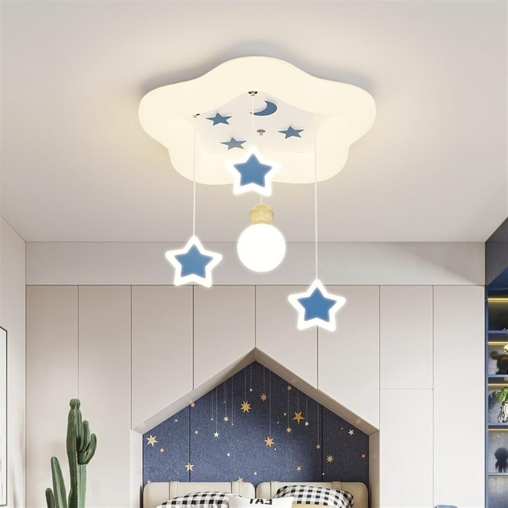 Modern Kids LED Ceiling Light Cloud Shaped Flush Mount Ceiling Lamp Hanging Stars and Moon Pattern Blue or Pink
