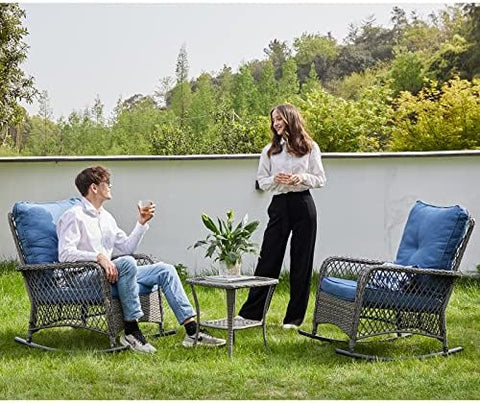 3-Piece Wicker Outdoor Patio Furniture Set - Rocking | Blue with Thick Cushions for Backyard, Garden & Porch