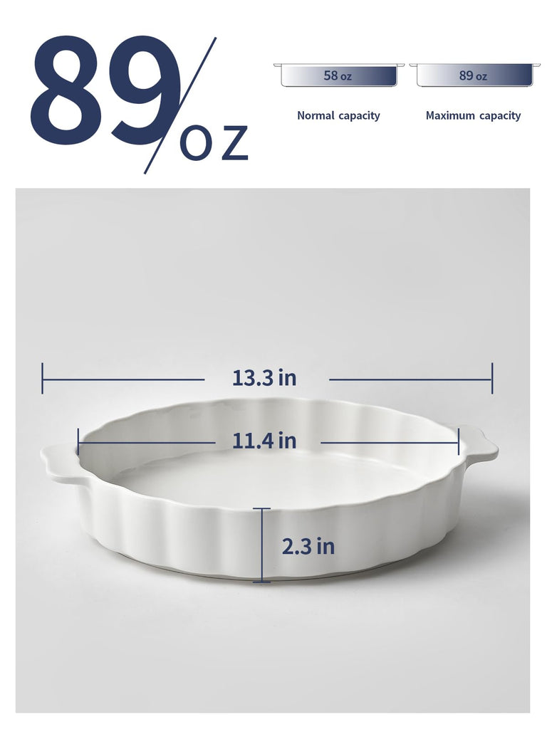 Ceramic Pie Pan, 13 Inch Round Baking Dish with Handles, White