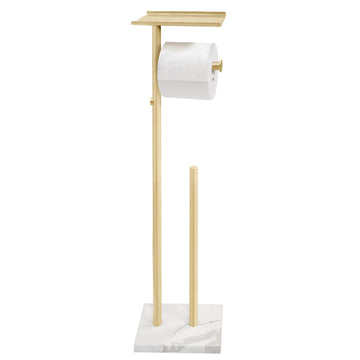 Brushed Gold Toilet Paper Stand Holder with Shelf, Marble Design Base Free Standing Toilet Paper Roll Holder with 2