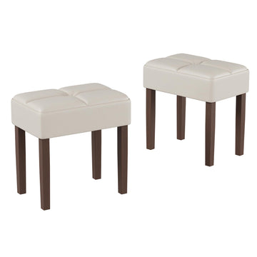 Two Leather Vanity Stool, 18.7 Inch Wide Rectangle Ottoman Bench for Makeup Room, A Set Vanity Chair with Wood Legs