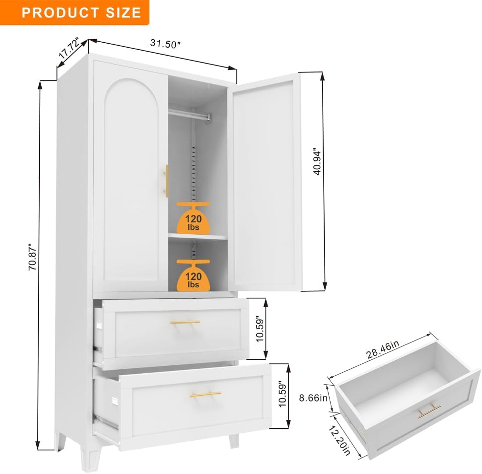 71" Tall Metal Wardrobe Cabinet with 2 Drawers and Hanging Rod, 2 Doors Wardrobe Closet with Shelf (White + Steel)