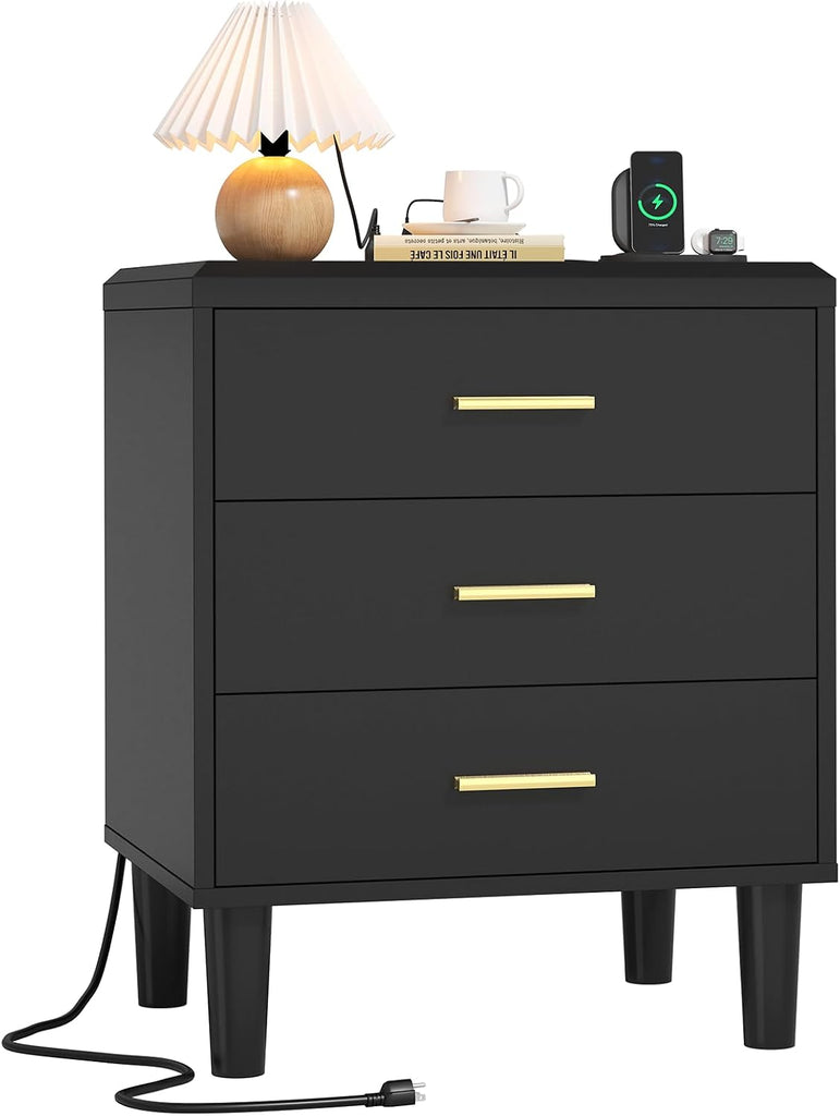 Nightstand with Charging Station, 3 Drawers Bedside Table with Solid Wood Legs, UL Certified Power Outlet End Table