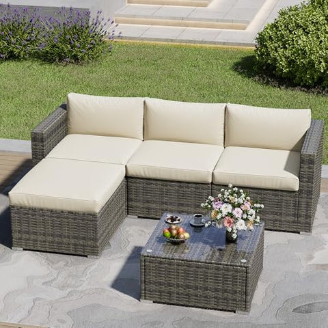 5-Piece Rattan Outdoor Patio Furniture Set | Beige All-Weather Resistant for Backyard, Garden & Porch