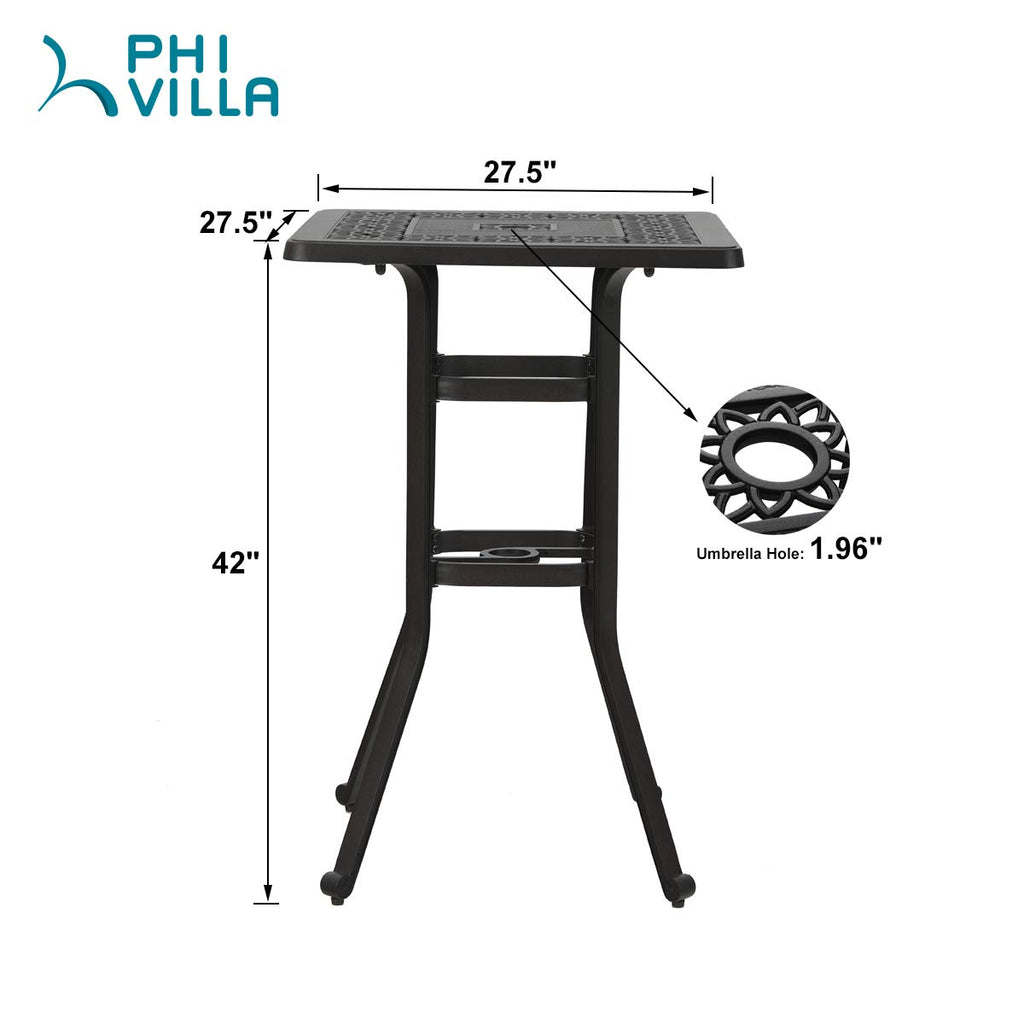 Outdoor Patio Bar Tables Cast Aluminum, 27.5" L x 27.5" W x 42" H