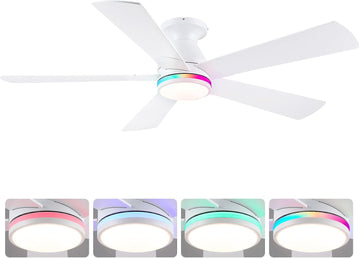 52" Flush Mount RGB Ceiling Fans with Lights - White Low Profile Ceiling Fan Light with Remote/APP, RGB+3CCT 6 Wind Speeds and Reversible, Modern Fan Light Fixture for Party, Kiad's Room A101-B0DTH6C8CD