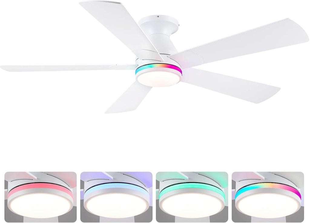 52" Flush Mount RGB Ceiling Fans with Lights - White Low Profile Ceiling Fan Light with Remote/APP, RGB+3CCT 6 Wind Speeds and Reversible, Modern Fan Light Fixture for Party, Kiad's Room A101-B0DTH6C8CD