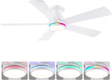 52" Flush Mount RGB Ceiling Fans with Lights - White Low Profile Ceiling Fan Light with Remote/APP, RGB+3CCT 6 Wind Speeds and Reversible, Modern Fan Light Fixture for Party, Kiad's Room A101-B0DTH6C8CD