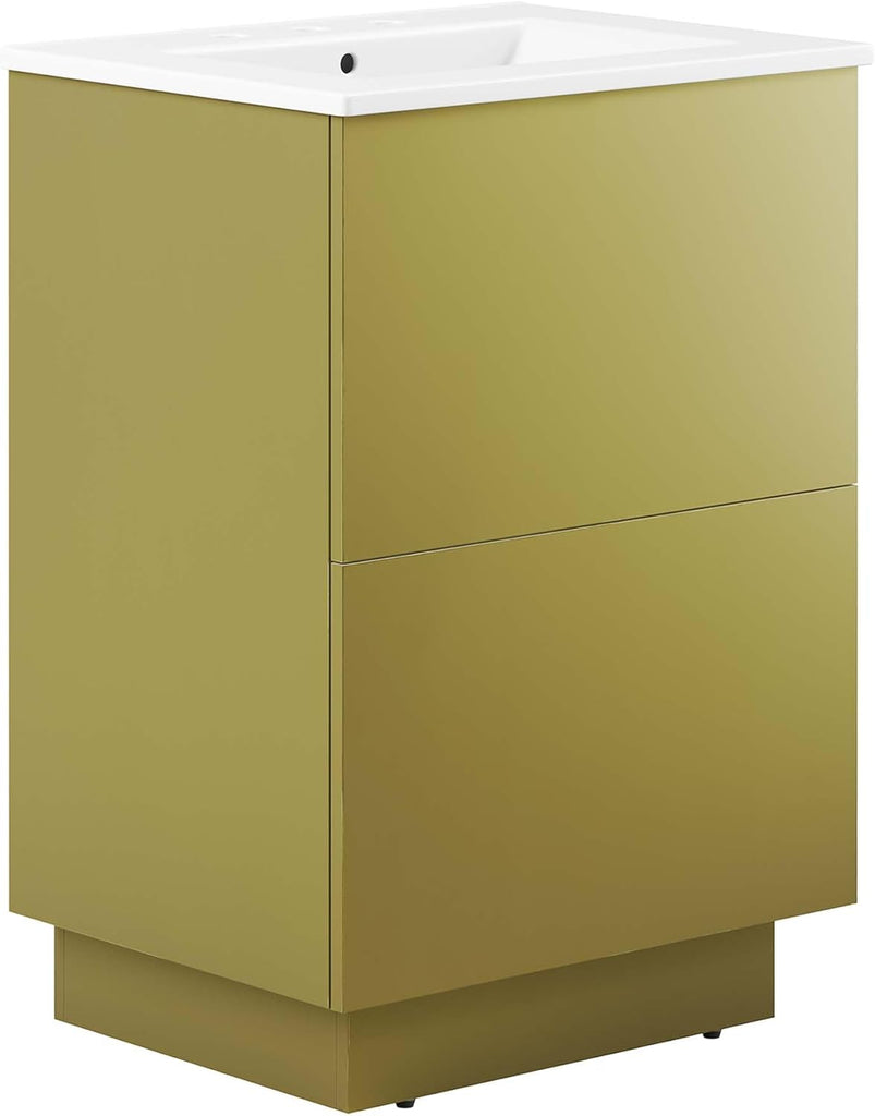 24-Inch Modern Bathroom Vanity with Sink – White & Gold Finish, Ceramic Basin and Storage Drawer