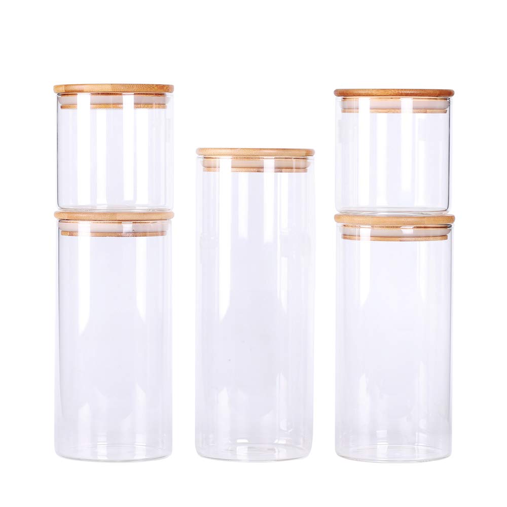 Stackable Kitchen Canisters Set, Pack of 5 Clear Glass Food Storage Jars Containers with Airtight Bamboo Lid for