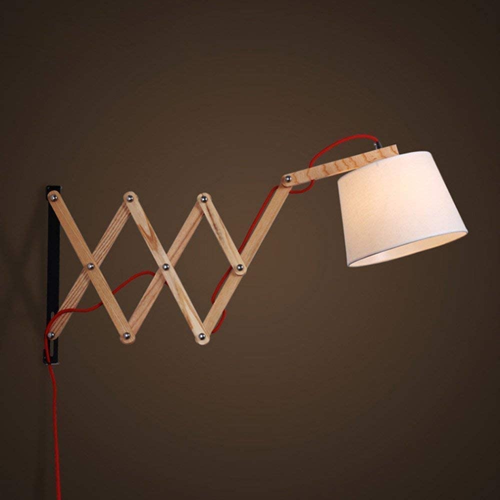 Modern Adjustable Wood Wall Lamp Plug-in with Accordion Arm, Fabric Shade Reading Light Fixture Bedside, Living Room
