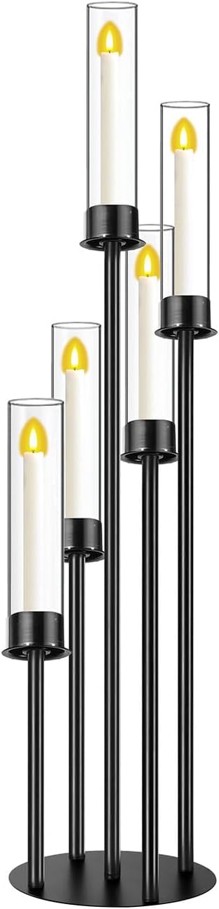 Black Candelabra with Glass Cylinders for Real Candles 5 Head Metal Candle Holder Wedding Centerpiece Ceremony
