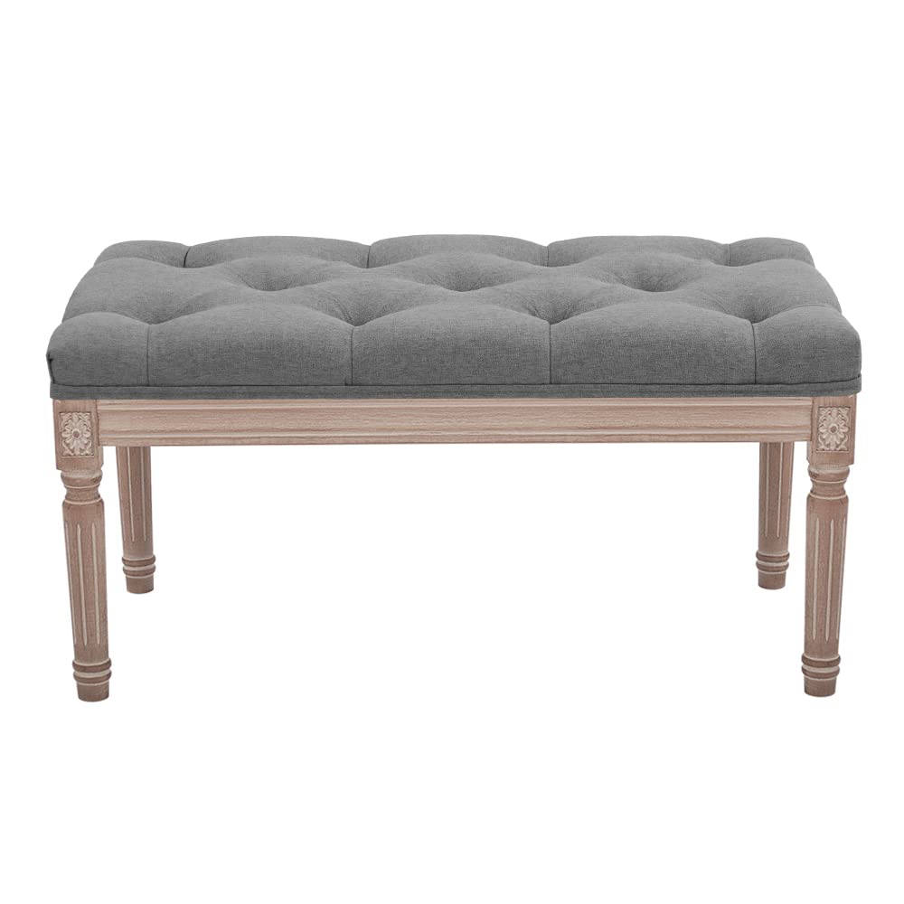 31.5 Inch Fabric Upholstered Entryway Ottoman Bench - Classic Bedroom Bench with Rustic Wood Legs, Set of 1, Dark Grey