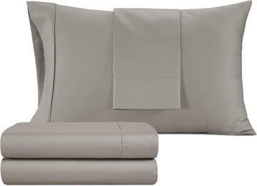 Queen Bed Sheet Set, 100% Cotton Sateen Silky, Taupe, Deep Pocket, 4Pc