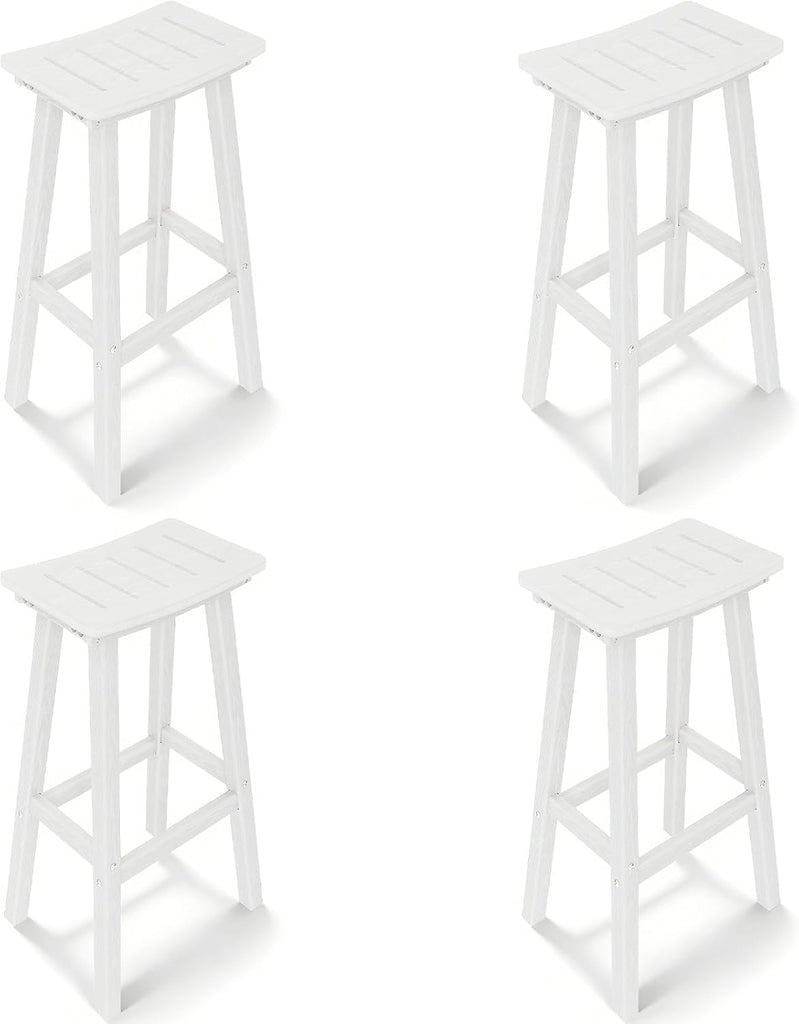 Outdoor Bar Stools Set of 4, 29 Inch All-Weather HDPE Bar Height Chairs, 500lbs Heavy Duty Patio Stools with Saddle