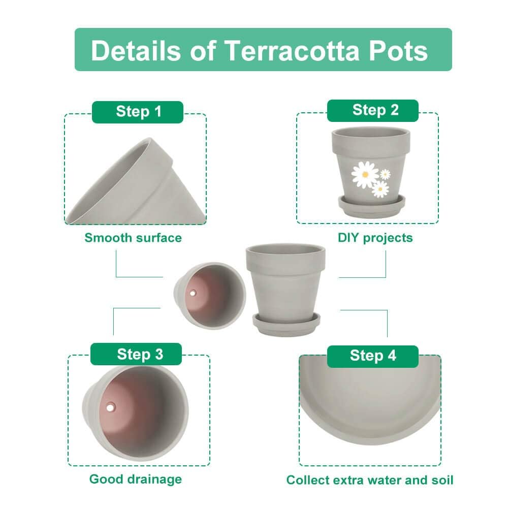 Gray 8 Inch Terracotta Pot for with Drainage - 2 Pack Large Terra Cotta Plant Pot with Saucers, Flower Clay Pot with