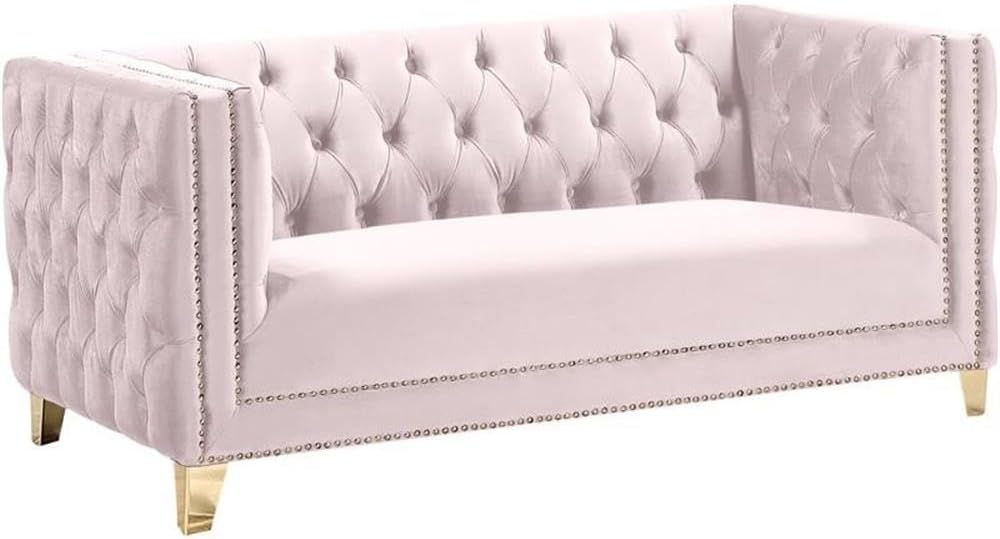 652Pink-L Michelle Collection Modern | Contemporary Loveseat with Deep Button Tufting, Gold Nailhead Trim and Sturdy