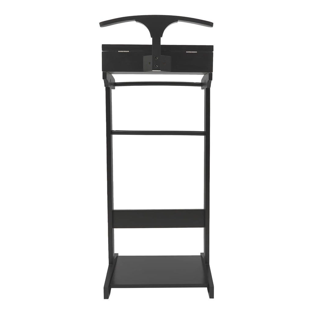 Wooden Suit Valet Stand, Freestanding with Drawer & Storage Tray, Black