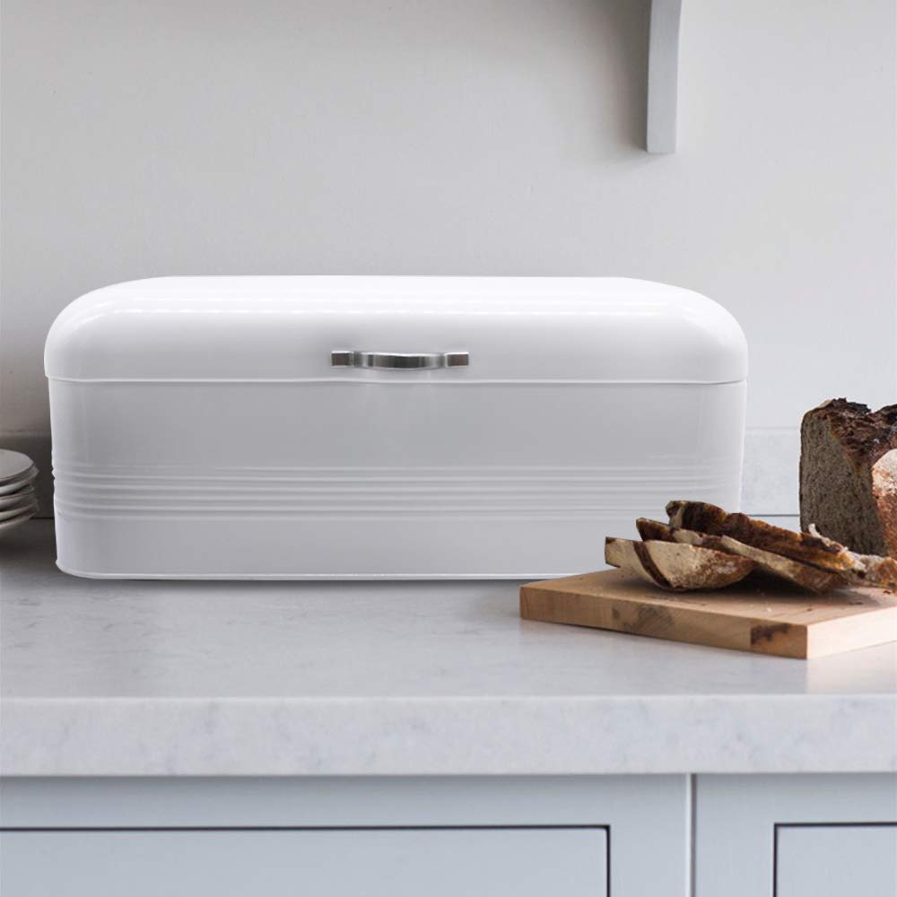 Large, Metal Bread Storage Bin with Lid, 16.3"x9"x6.7", White