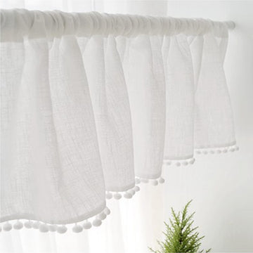 Short Curtain for Small Window Solid White Sheer Cotton Linen with Pompom Tassel Window Treatment Valance Window