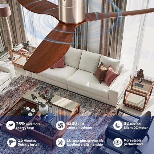52" Low-Profile Modern Ceiling Fan with Remote – Brown & Brushed Nickel, 3-Blade, DC Motor, No Light