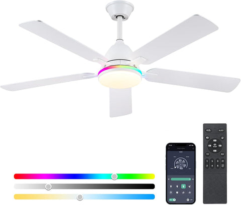 Ceiling Fans with Lights, 52 Inch Low Profile Ceiling Fan with Light and Remote Control,Reversible,RGB,3CCT, Dimmable,Quiet,White Ceiling Fan for Bedroom Indoor/Outdoor Use A101-B0DTDFC6GH
