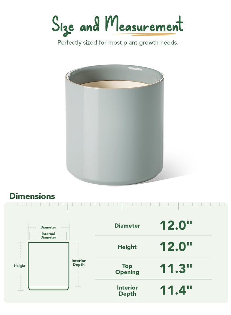 12 Inch Pot for Plants, Ceramic Indoor Planter, Mist Gray