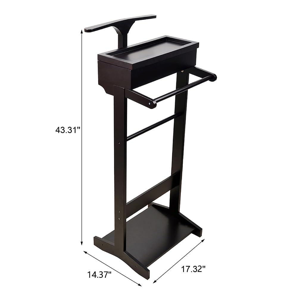 Clothes Valet Stand for Men, Wooden Suit Rack with Flip Tray & Coat Hanger