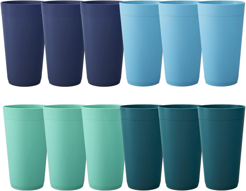 Newport 20 ounce Unbreakable Plastic Stackable Water Tumblers in 4 Coastal Colors | Set of 12 Drinking Cups |