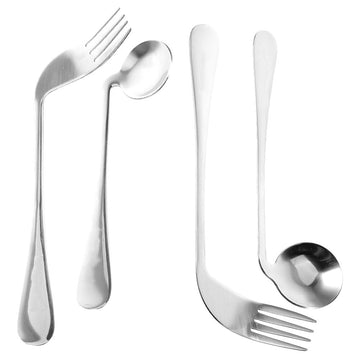 Adaptive Utensils Set for Left & Right Hand - Curved Stainless Steel Spoon and Fork for Elderly, Adults with Tremors