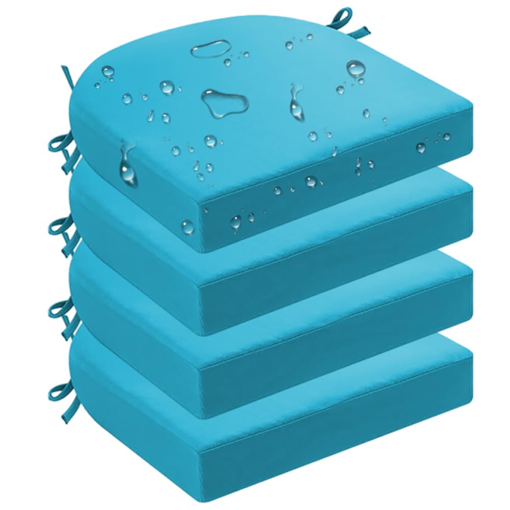 Outdoor Chair Cushions Set of 4, Round Corner, 18.5 x 16 x 2 Inch, Waterproof Patio Seat Cushions with Ties & Removable Covers