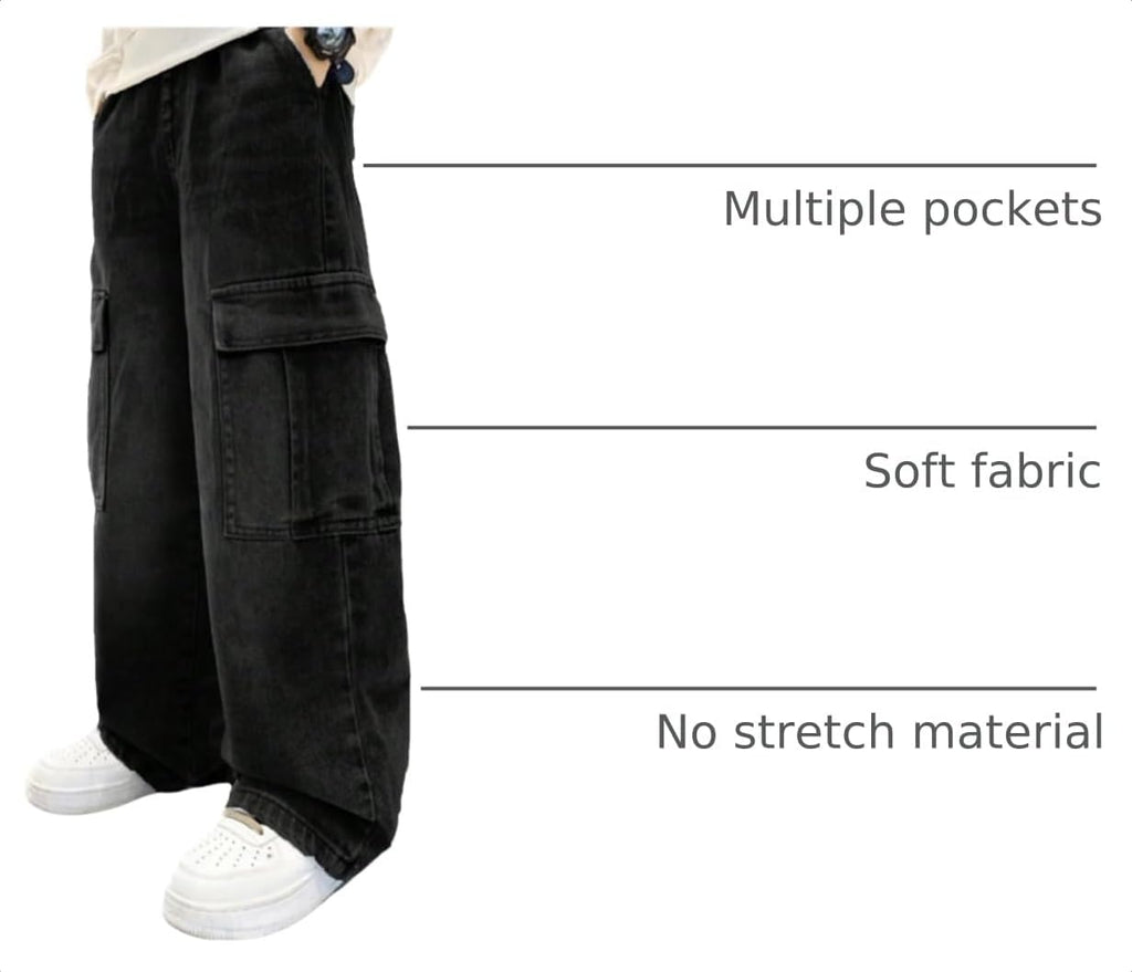 Boys Jeans Baggy Straight Leg Denim Cargo Pants with Pockets