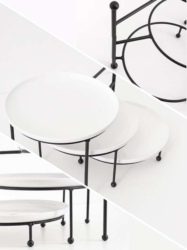3 Tiered Serving Stand with White Porcelain Plates, 10.3" Round Tray, Dessert Table Display Set, Black Metal Stand