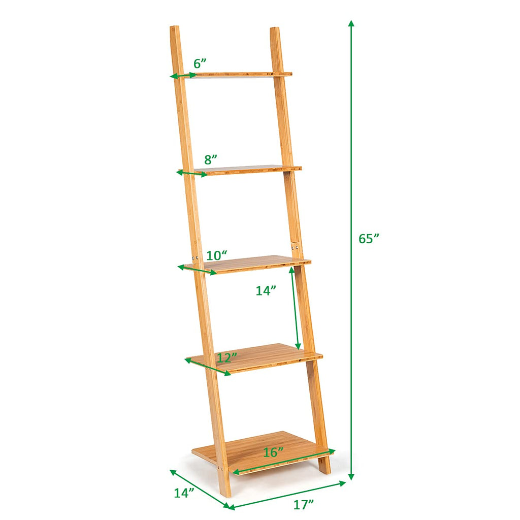 5-Tier Ladder Shelf Bookshelf, 65"H Bamboo Wall-Leaning Bookcase