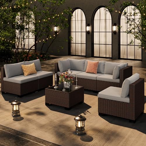 7-Piece PE Rattan Outdoor Patio Furniture Set | Grey for Backyard, Garden & Porch