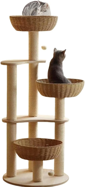 54" Large Modern Cat Trees, Luxury Rattan Oak Solid Wood Cat Trees Towers, 3 Weaving Cat Nests & Washable Cool