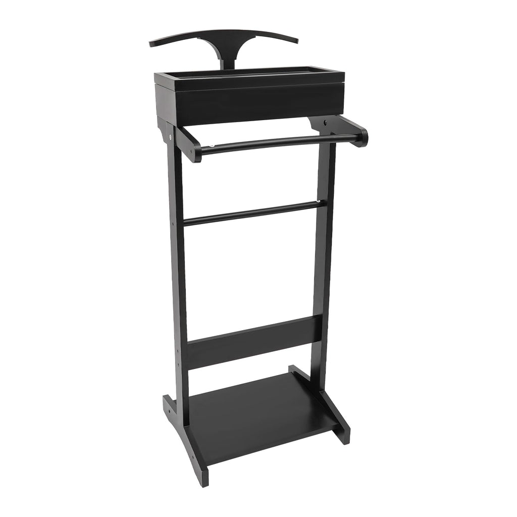 Wooden Suit Valet Stand, Freestanding with Drawer & Storage Tray, Black