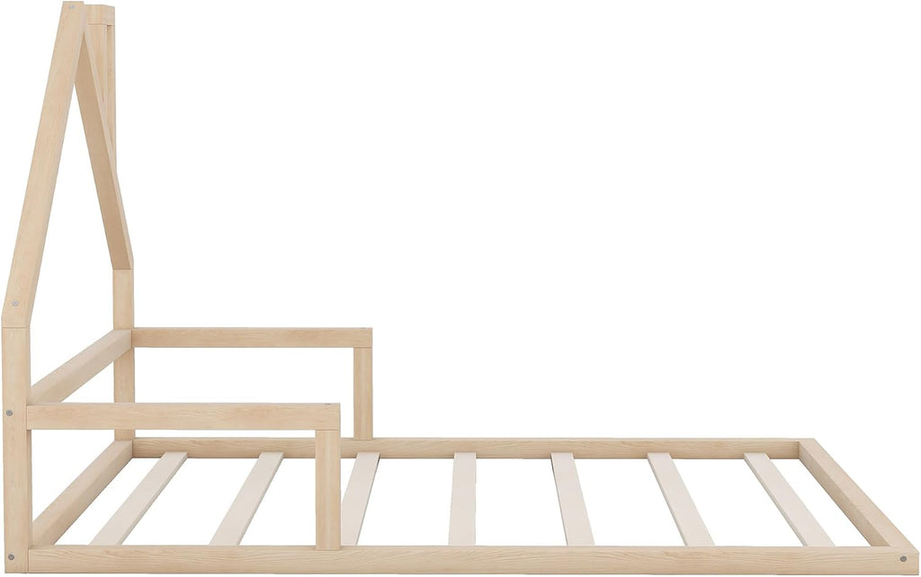Full Floor Bed for Kids, Wood Full Bed for Kids, Kids bedframe with House-Shaped Headboard, Montessori Floor Beds