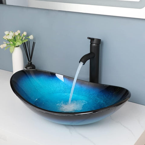 Blue Tempered Glass Vessel Sink with Faucet and Drain 21 Inch Oval Bathroom Sink Above Counter, Bathroom Basin Bowl Sink