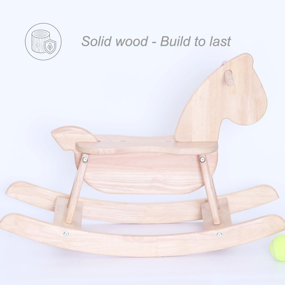 Natural Wooden Rocking Horse Funny for Toddlers (Ages 2-4) - Solid Rubber Wood, Smooth Surface for Creative