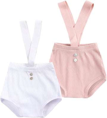 2pcs Baby Ribbed Shorts Set Boys Girls Suspender Strap Bloomer Bodysuit Toddler Solid Casual Overalls Clothes