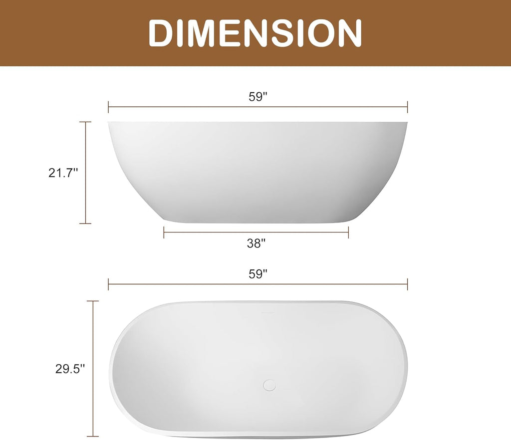 59" Free Standing Tub, Oval-Shaped Stone Resin Freestanding Bathtub Matte White Solid Surface Soaking Tub with Drain