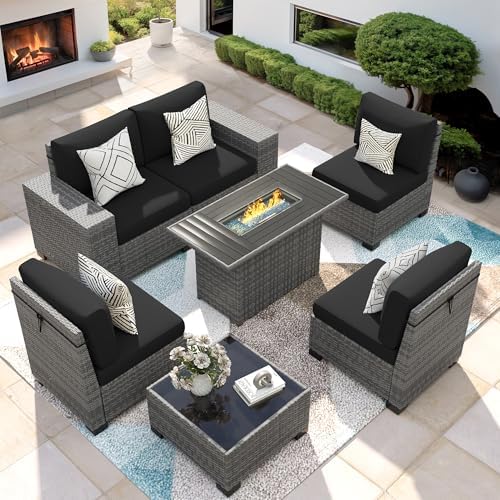 7-Piece Wicker Outdoor Patio Furniture Set - Fire Pit | Black for Backyard, Garden & Porch