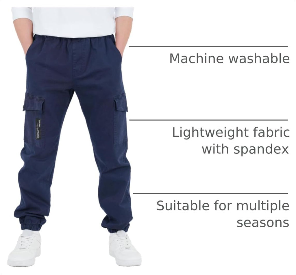 Boys Cargo Pants Stretch Cotton Twill Elastic Waist