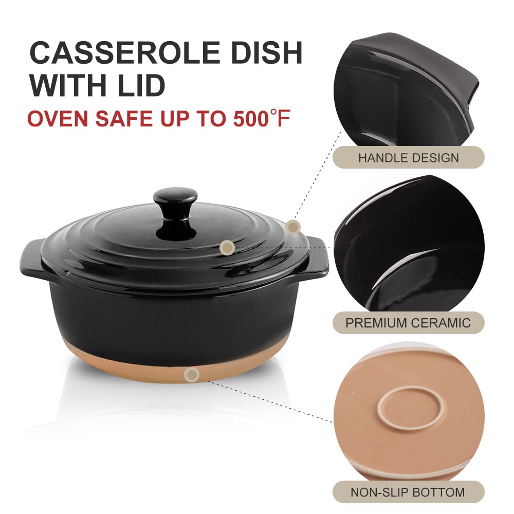 Ceramic Casserole Dish with Lid Oven Safe, 2 Quart Round Casserole Dish Set, Deep Baking Dishes for Oven with Lids