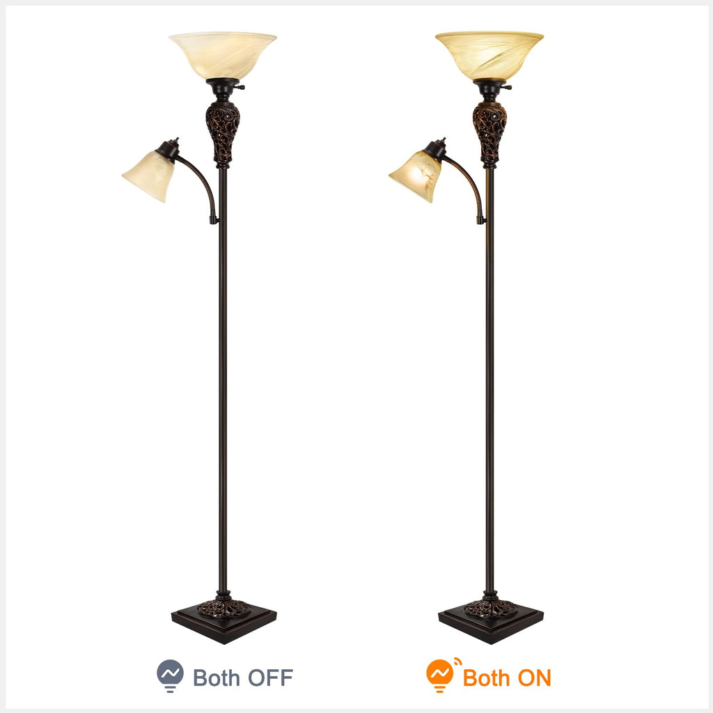 Vintage Torchiere Floor Lamp with Adjustable Reading Light, 72" Tall, Brown