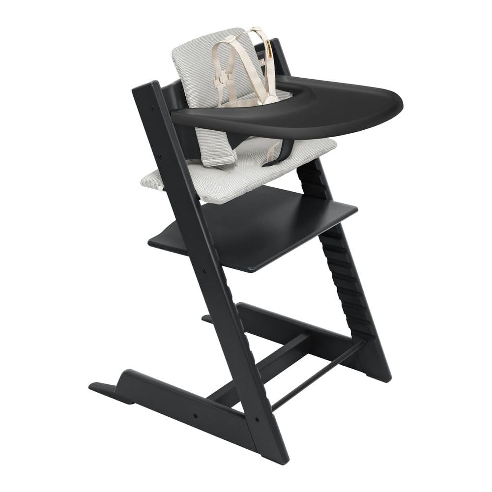 Tripp Trapp High Chair with Tray and Cushion, Black/Nordic Grey