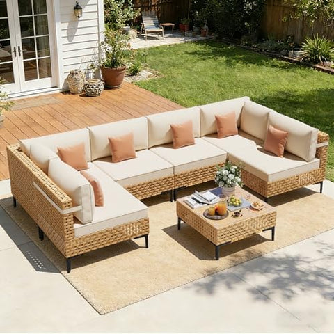 7-Piece Wicker Outdoor Patio Furniture Set - Conversation | Beige for Backyard, Garden & Porch